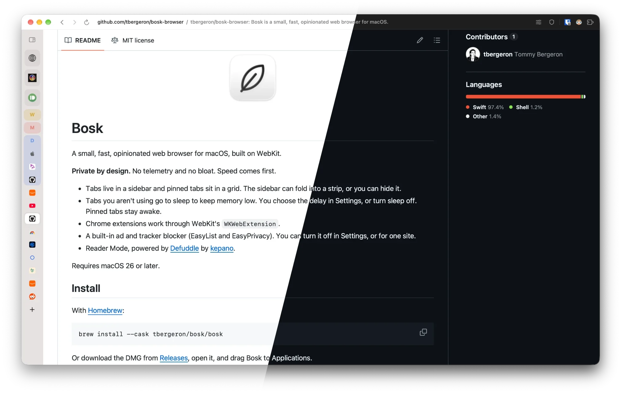 Bosk showing a GitHub page, with sidebar tabs and pinned sites, in light mode on the left and dark mode on the right