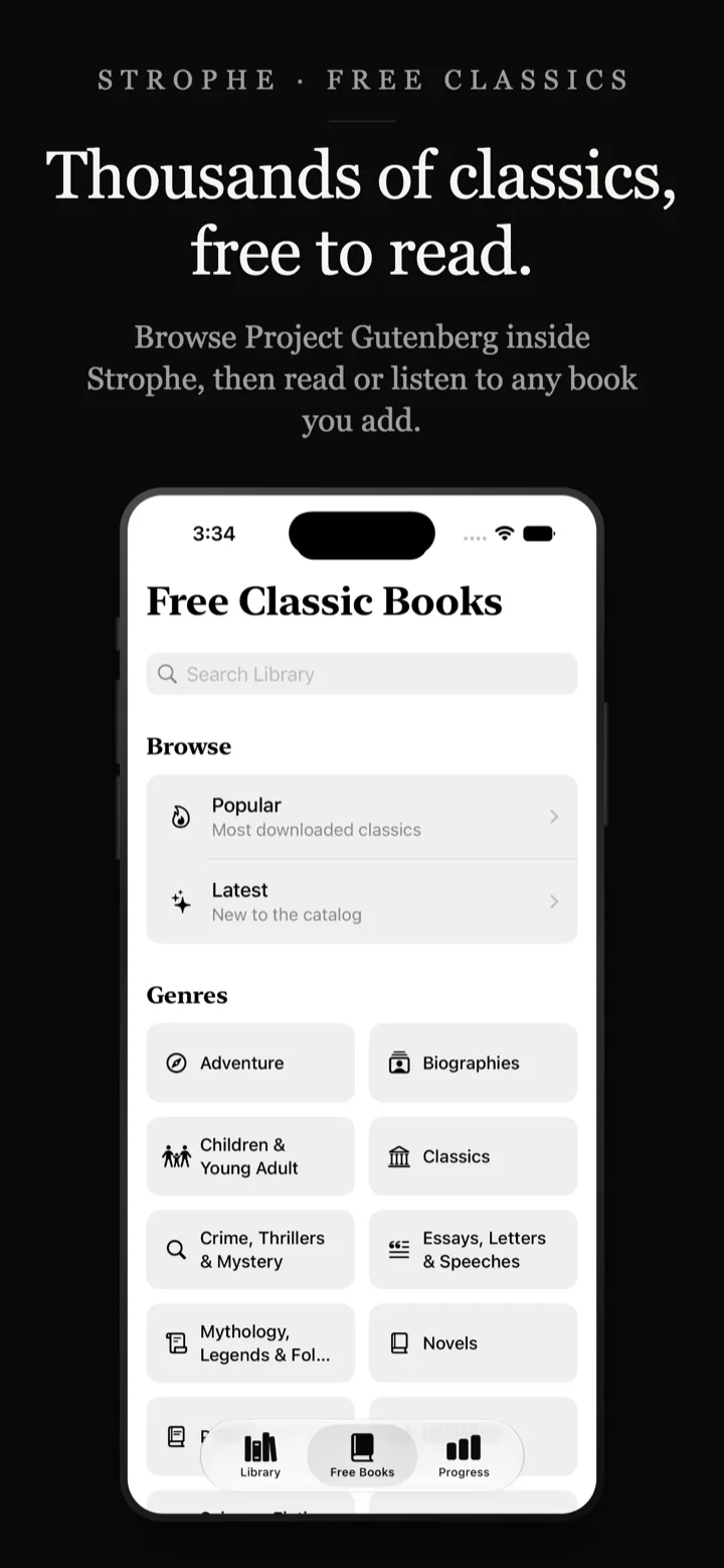 Browsing free Project Gutenberg classic books by genre inside the Strophe iPhone app