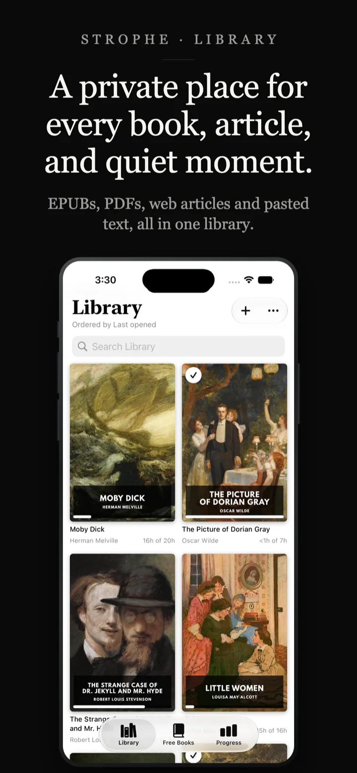 Strophe library on iPhone with EPUB books, PDFs and saved web articles in one place