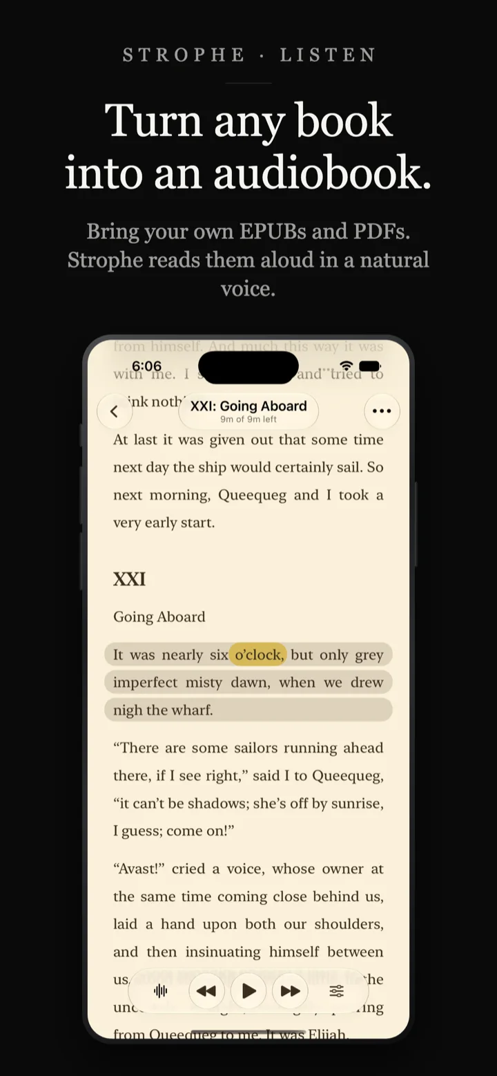 Strophe reading an EPUB aloud on iPhone, highlighting each word as it is narrated