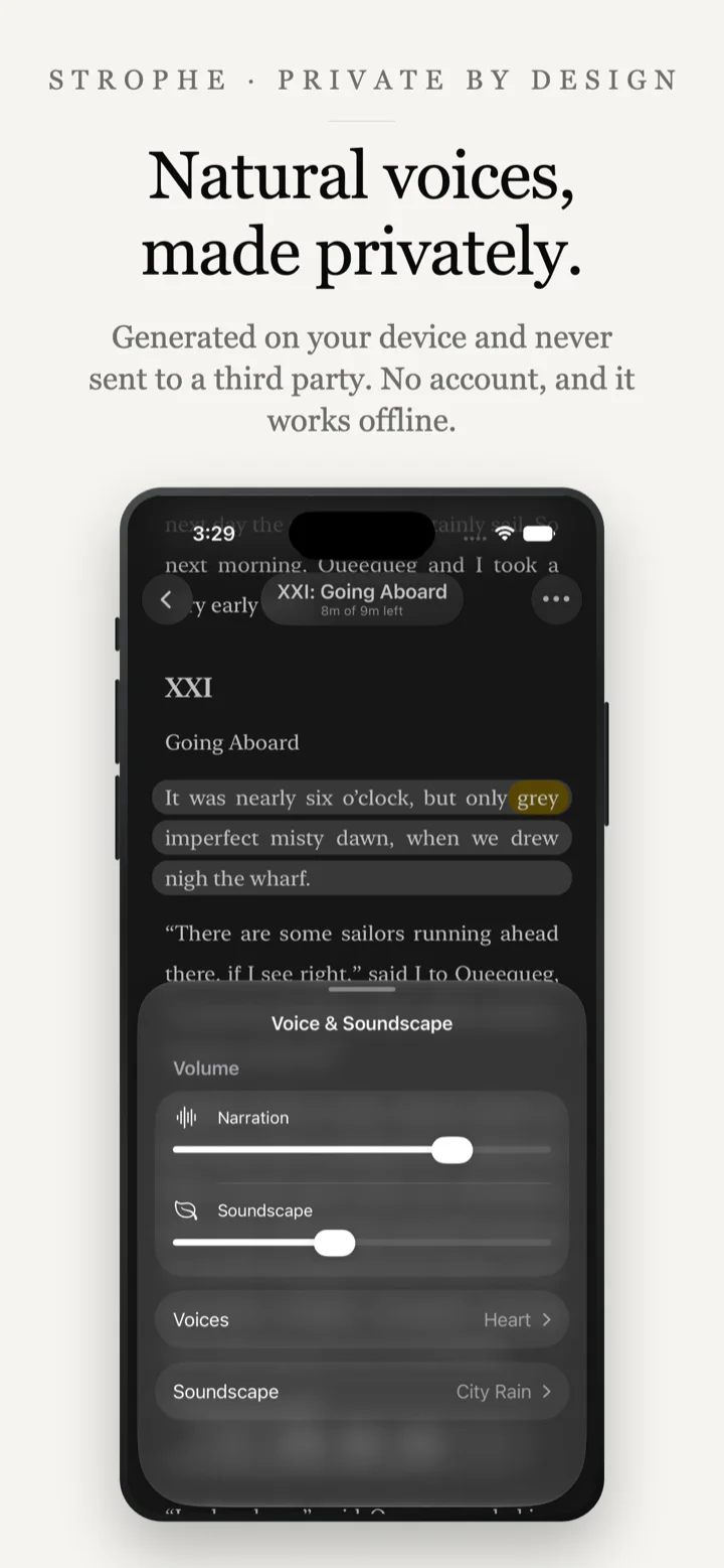Strophe voice and soundscape settings, showing on-device narration controls in dark mode