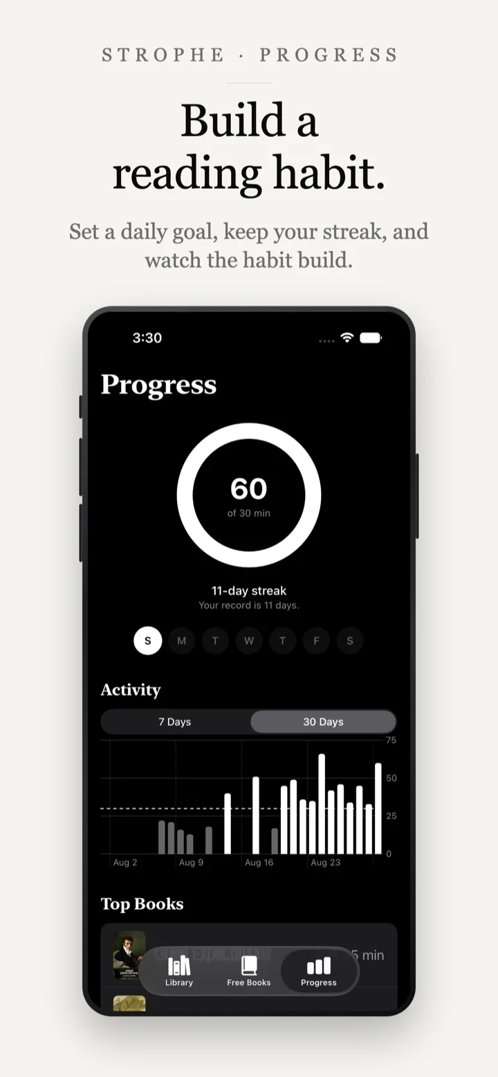 Strophe reading progress screen showing a daily goal, an 11-day streak and activity chart